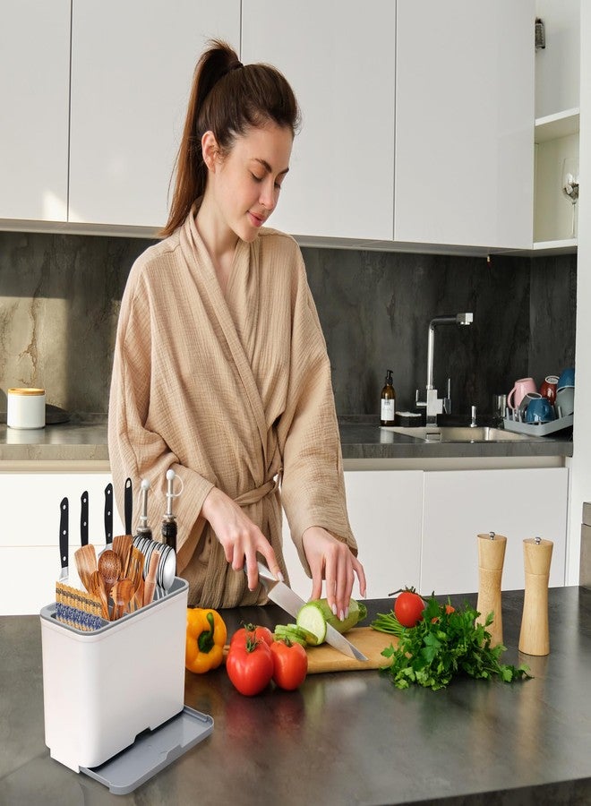 BAREPEPE Self Adhesive Plastic Wall Mounted Kitchen Cutlery Holder, Spoon Holder, Chopstick Holder Organizer Stand (White & Grey) (20*15*10 cm) - Image 5